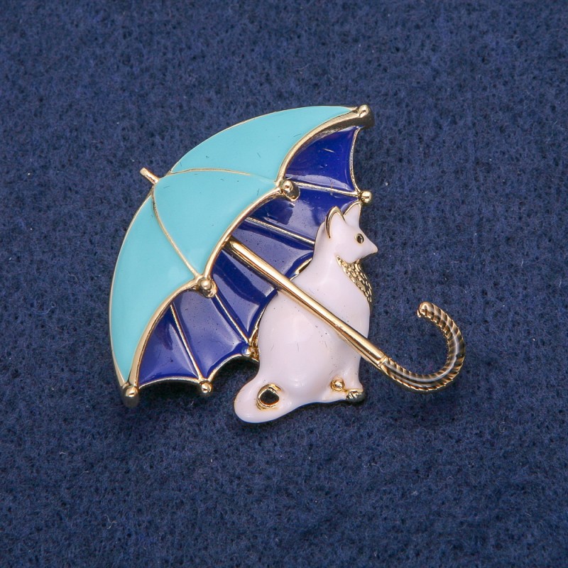 Cat under umbrella enamel brooch 43×44 mm