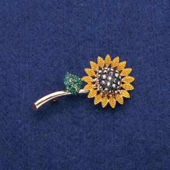 Sunflower Brooch Pendant 24x48mm with Crystals and Enamel, Gold-Tone Metal