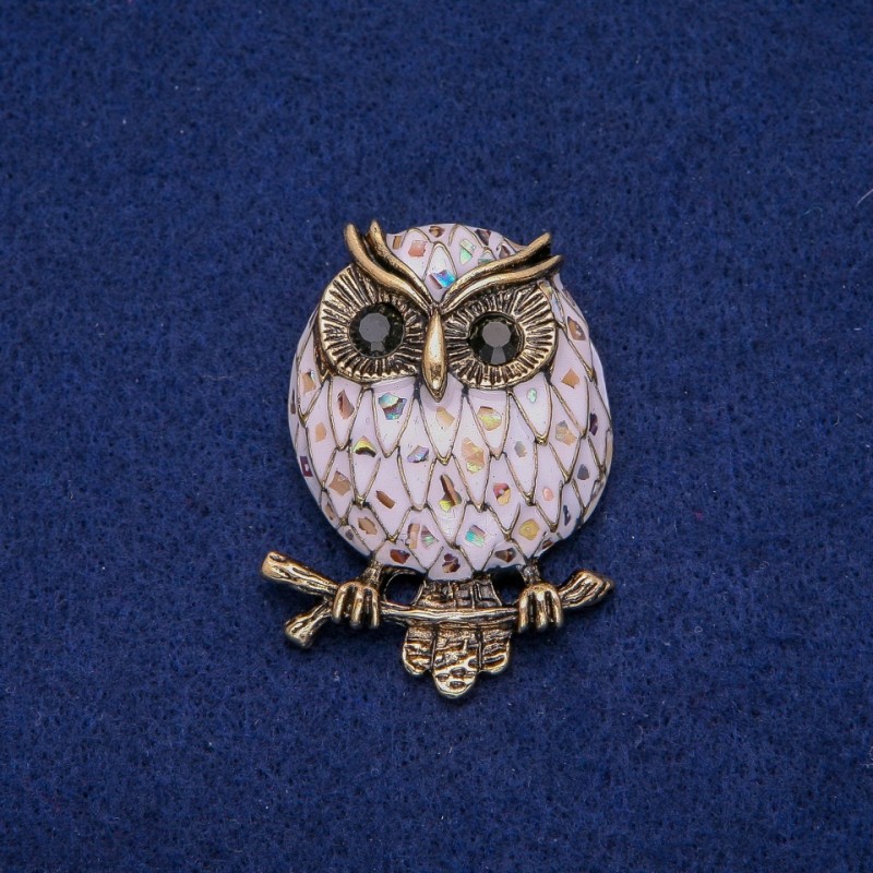 Owl Brooch with Khaliotis Pearl and Enamel, 36x48 mm, Gold-Toned Metal
