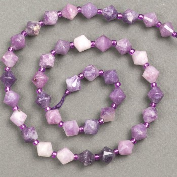 Lepidolite Beads on Thread, Natural Stone, Faceted Rhombus, Ø 8.5 × 8.5 mm, Length 39 cm ± (Seed Bead Inset 3 × 3 mm)