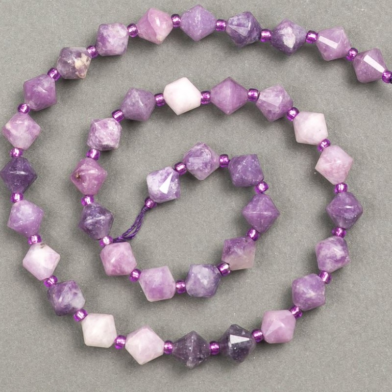 Lepidolite Beads on Thread, Natural Stone, Faceted Rhombus, Ø 8.5 × 8.5 mm, Length 39 cm ± (Seed Bead Inset 3 × 3 mm)