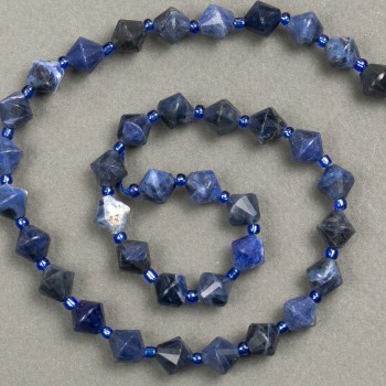 Beads on a thread, natural stone Sodalite, faceted diamond shape, 8.5×8.5 mm, length 38 cm ± (seed bead insert 3×3 mm)