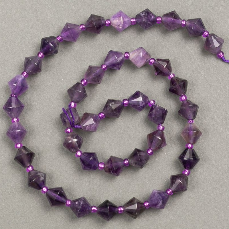 Amethyst Faceted Diamond Beads on Thread, Natural Stone, 8.5x8.5 mm, length 38 cm +/- (seed bead insert 3x3 mm)