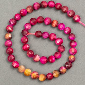 Natural tiger's eye bead strand, toned faceted coin bead, raspberry color, 8x6 mm diameter, 39 cm length +