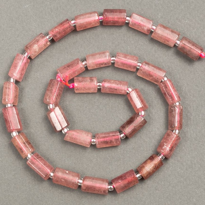 Beads on Thread Natural Stone Strawberry Quartz Faceted 11x7mm, length 39 cm +/- with seed beads (3x2mm)