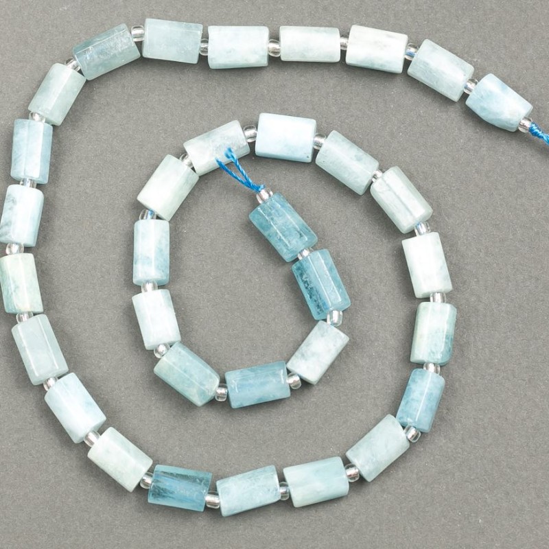 Beads on thread natural gemstone Aquamarine, faceted 10×6 mm, length 40 cm ± (with seed beads 3×2)