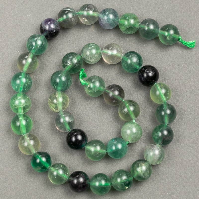 Natural fluorite stone beads on thread, 10mm diameter, 39cm length +