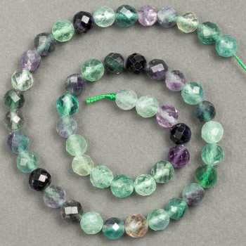 Natural fluorite stone faceted beads on thread, 8 mm diameter, 37 cm length +