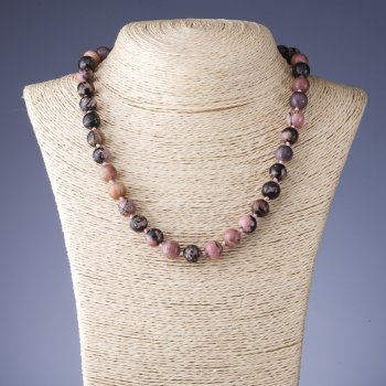 Rhodonite stone necklace, 10 mm diameter, cord length 46–48 cm+