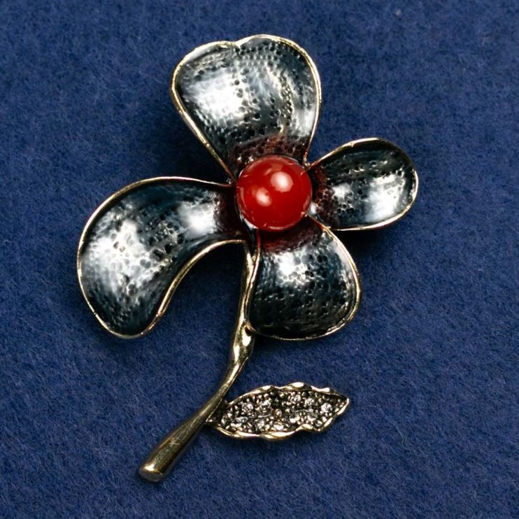 Brooch Flower with Carnelian Inlay and Enamel, 47x60mm, Gold-Toned Metal