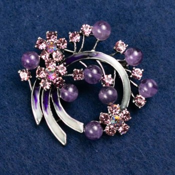 Brooch with Natural Amethyst, Twig with Pink Rhinestones, Silver-Tone Metal 43x48mm