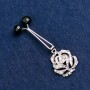 Flower-shaped Brooch with White Crystals and Black Beads, Silver-toned Metal 55x20mm