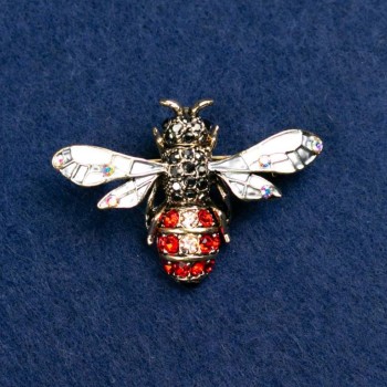 Brooch 'Bee' with red and black rhinestones, gray enamel, silver-toned metal 42x32mm