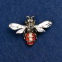 Brooch 'Bee' with red and black rhinestones, gray enamel, silver-toned metal 42x32mm