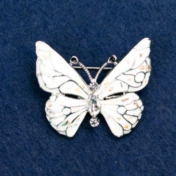 Brooch 'Butterfly' with White Crystals, White Enamel with Haliotis, Silver-tone Metal 38x31mm