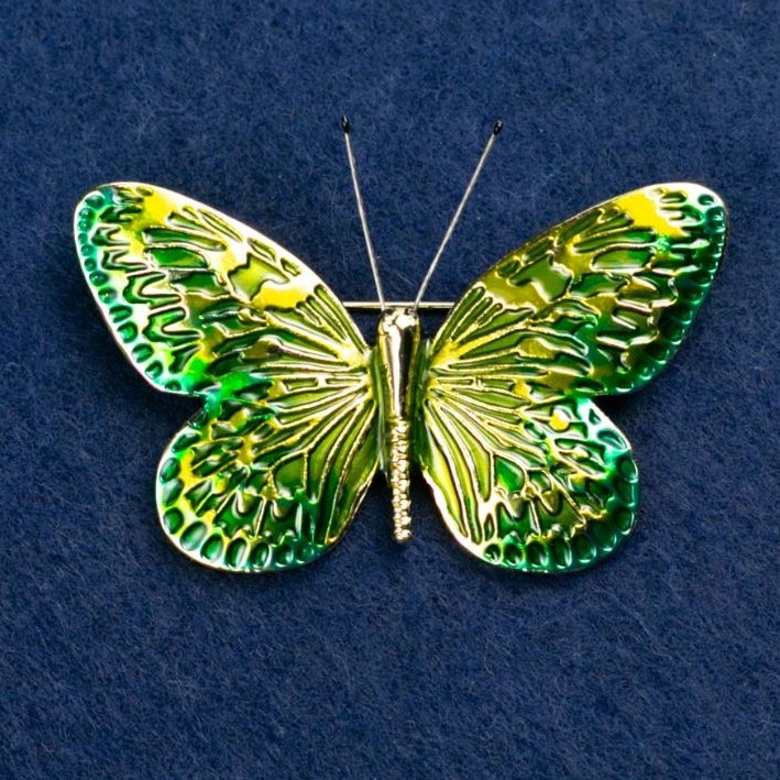 Brooch 'Butterfly' green enamel, gold-tone metal, 55x39 mm