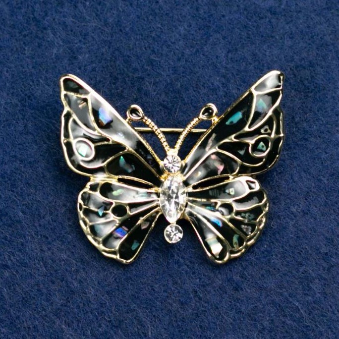 Brooch 'Butterfly' with White Crystals, Dark Gray Enamel with Halite, Gold-Tone Metal 37x32mm