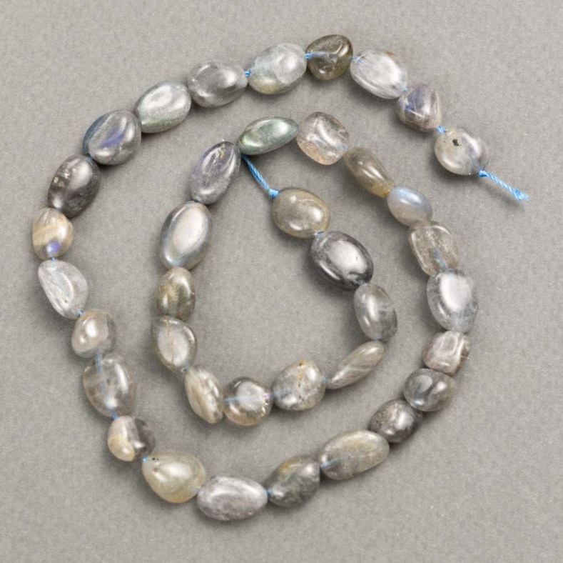 Labradorite natural stone beads on galvanised thread, diameter 7–9×8–14 mm, length 40 cm+
