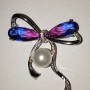 Bow Brooch with Blue-Pink Crystals in Swarovski Style, Silver-Toned Metal 45x47mm
