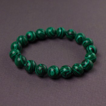 Malachite elastic bracelet with smooth beads, 10mm diameter, 18cm length