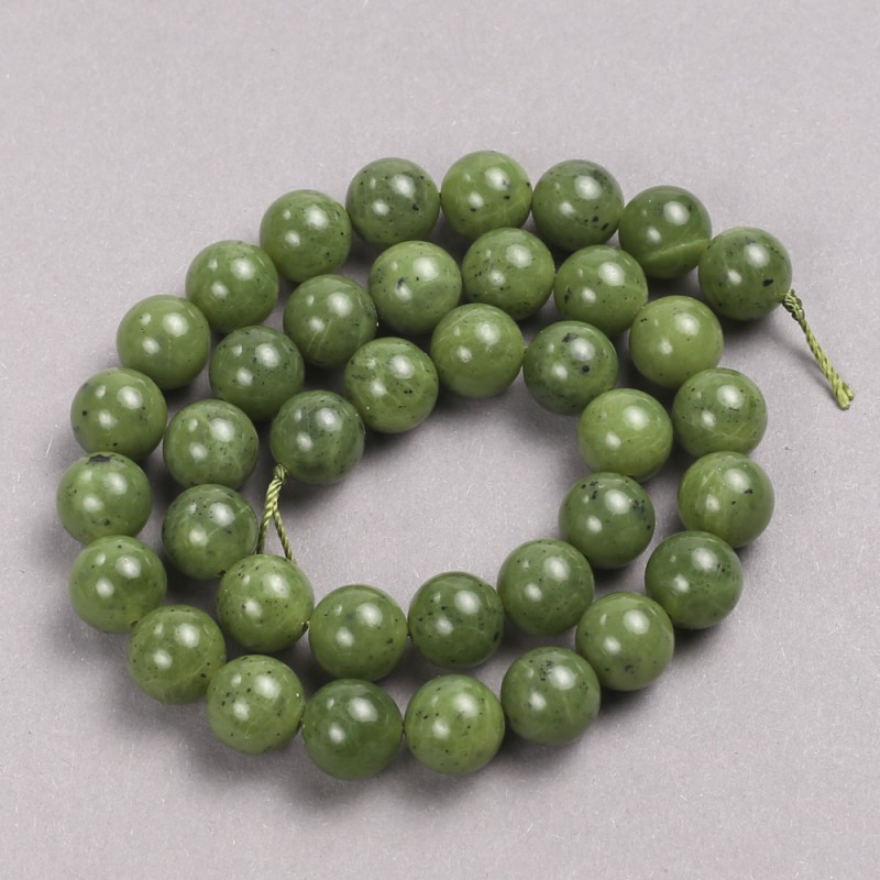 Beads made of natural Canadian jadeite, smooth round beads, diameter 10 mm, length 39 cm