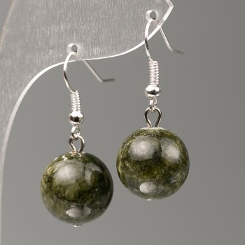 Earrings with Toned Quartz (Acrylic Imitation) Dark Green, 14 mm diameter, 35 mm length
