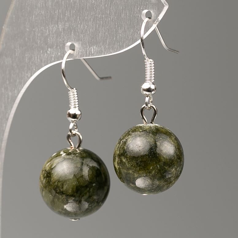 Earrings with Toned Quartz (Acrylic Imitation) Dark Green, 14 mm diameter, 35 mm length