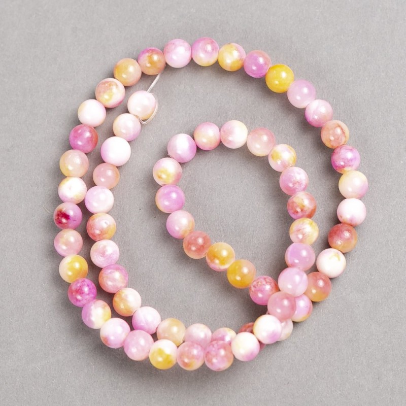 Sale! Beads in pink-yellow-white tones 'Rhodochrosite' ( imitation acrylic ) on beading thread, smooth spheres, diameter 6mm, length 40 cm
