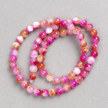 Discount! Raspberry-white-ruddy 'Agate' (imit. acrylic) on beading thread, smooth bead, diameter 6 mm ±, length 40 cm +
