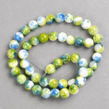 Discount! Green, blue and white 'Agate' beads (imitation acrylic) on thread, smooth round beads, 8mm diameter ±, 40cm length ±