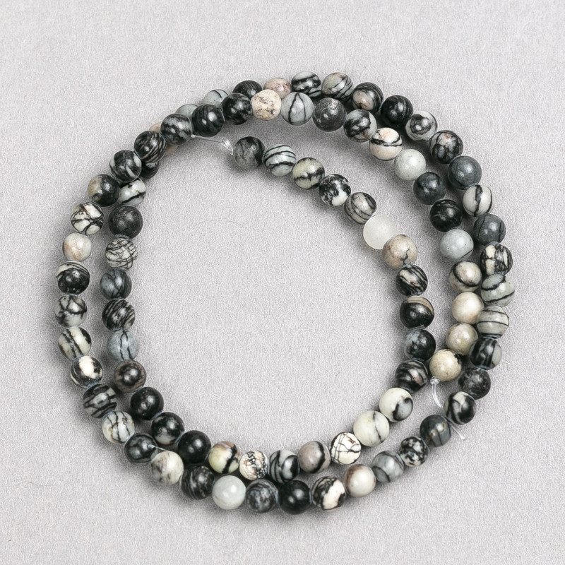 Gray Picasso Jasper beads (imitation acrylic) on thread, smooth round beads, 4 mm diameter, length approx. 38 cm