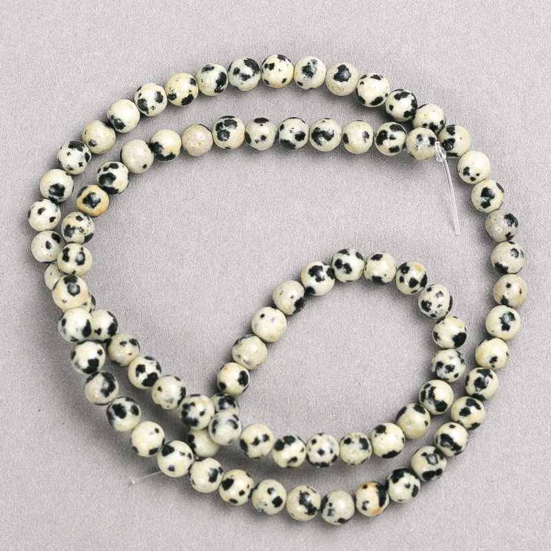 Dalmatian Jasper Beads on Beading Thread, Smooth Round Bead, Diameter 4–5 mm, Length 38 cm