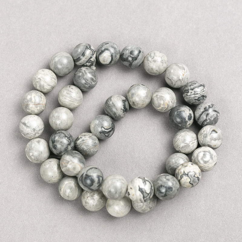 Gray Ocean Jasper Beads (acrylic imitation) on fishing line, smooth round beads, 10 mm diameter, 38 cm length+