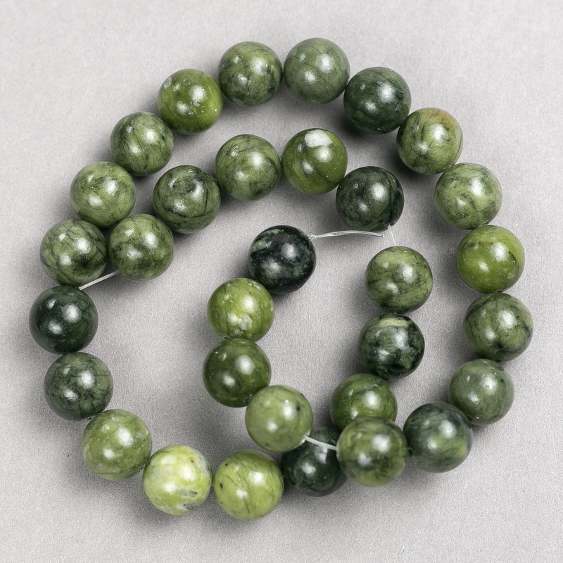 Beads 'Jadeite' (imitation acrylic) on beading thread, smooth round beads, diameter 12 mm, length 38 cm
