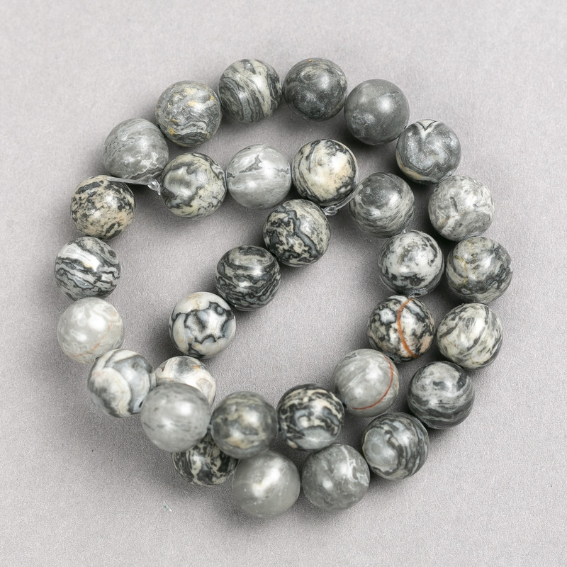Gray Ocean Jasper Beads (Acrylic Imitation) on Thread, Smooth Round Beads, 12mm Diameter, 38cm Length+