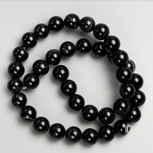 Beads on fishing line, natural stone: Black agate, smooth bead, diameter 10mm ±, length 37cm ±