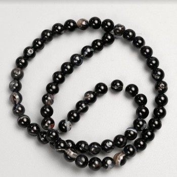 Beads on beading wire, Black agate, natural stone, smooth round beads, 6 mm diameter, 37 cm length +/-