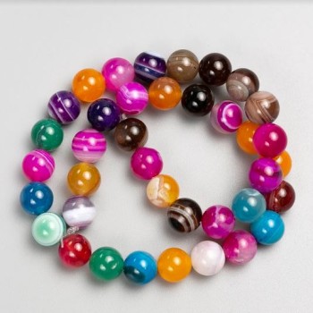 Beads on beading thread - natural agate multicolor, smooth round beads, 10 mm diameter, 38 cm long ±