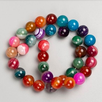 Beads on beading thread, multicolored natural agate, smooth round beads, 10mm diameter, 37 cm length