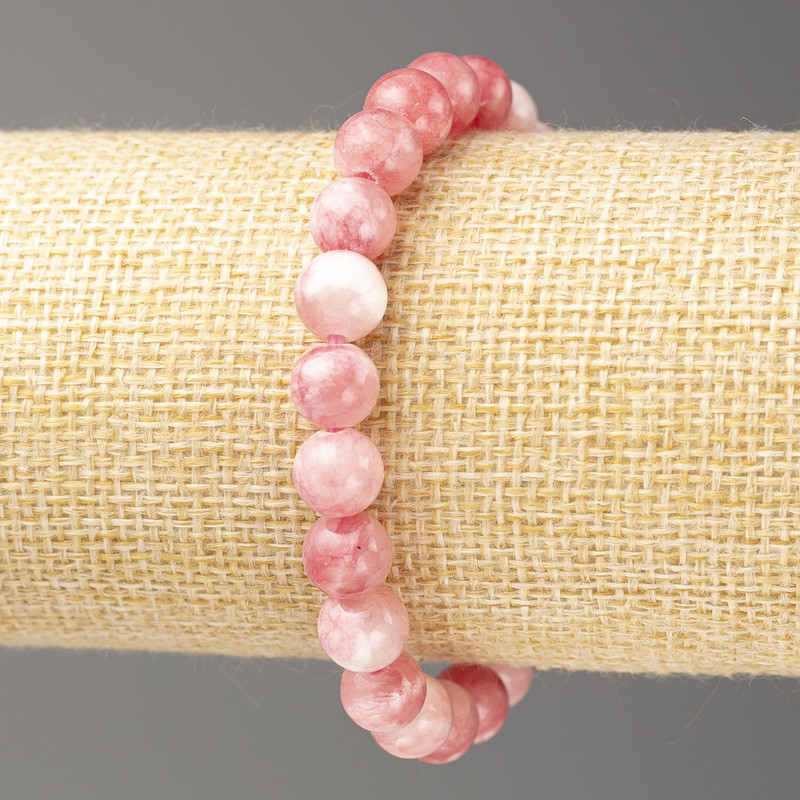 Sale! Strawberry-White Ocean Jade Bracelet (jade imitation, acrylic), diameter 8 mm ±, length 18 cm ±, smooth bead on elastic cord