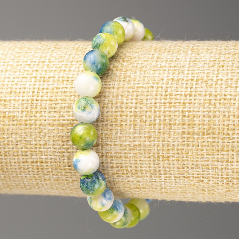 Discount! Oceanic Jade bracelet blue-green-white (imitation acrylic), diameter 8 mm ±, length 18 cm ±, smooth bead on elastic