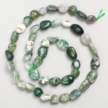 Moss Agate Beads on Thread, Natural Stone, Tumbled, 8×13–6×8 mm, Length 40 cm