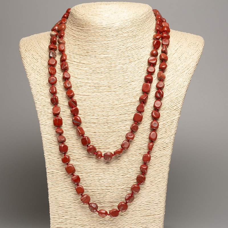 Long red jasper necklace with faceted beads, bead size 5x8-10 mm, length 110 cm