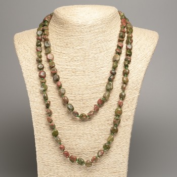 Long Unakite Jasper Necklace, faceted beads, bead size 5x8 mm +/-, length 110 cm +/-