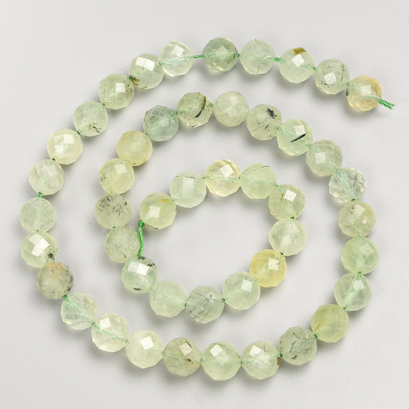 Prehnite natural stone beads — faceted round bead on a string, 8mm diameter ±, 38cm length ±