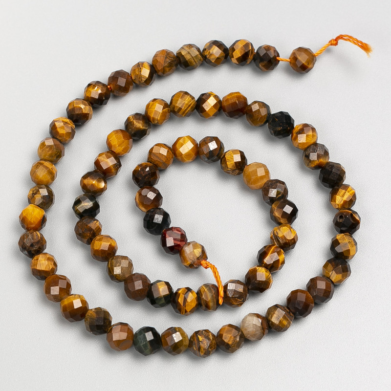 Natural Stone Beads: Tiger's Eye, Hawk's Eye, and Bull's Eye, Faceted Round Bead on Thread, 6mm Diameter, 38cm Length