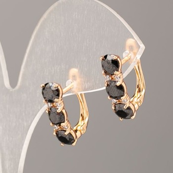 Xuping Earrings with Black Stone and White Crystals, 17x5 mm, 18K Gold Plating