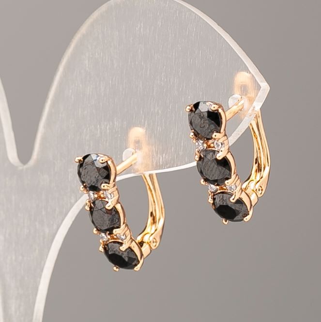 Xuping Earrings with Black Stone and White Crystals, 17x5 mm, 18K Gold Plating