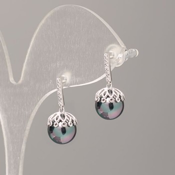 Xuping Earrings with Mallorca Pearls, Black with Petrol Tint, 9 mm Pearl Diameter, 18 mm Length, Rhodium Plating