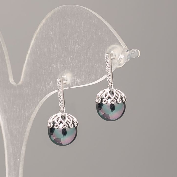 Xuping Earrings with Mallorca Pearls, Black with Petrol Tint, 9 mm Pearl Diameter, 18 mm Length, Rhodium Plating